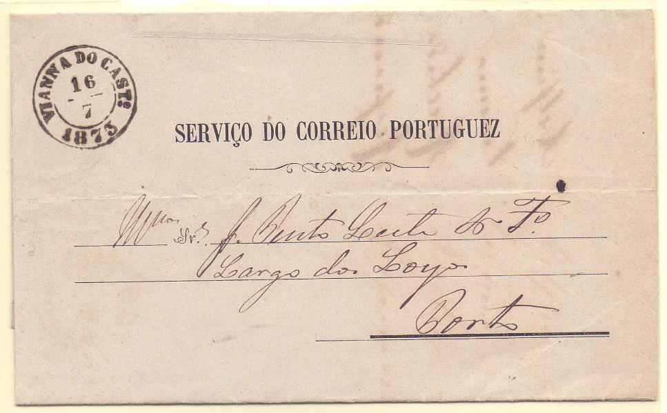0517 f.jpg -     Lote:    517 (frente)            Isentos de Franquia       Descrição:         Isentos de franquia. Impresso do Serviço do Correio Portuguez, circulado isento de franquia de Viana do Castelo (16.07.1873) para o Porto (17.07.73). Carimbo no verso batido a preto "REGISTADA &mdash; PORTO". MB e R.        IMP       Valor Base:     &euro; 50,00     Valor Venda:     Retirado     
